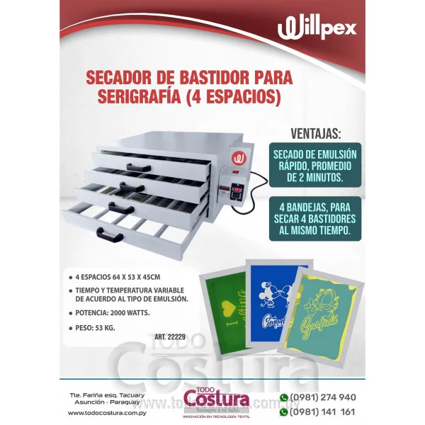 SECADOR DE BASTIDOR SERIGRAFIA (4 ESPACIOS - 64 X 53 X 45CM - 2000W) WILLPEX SDC01